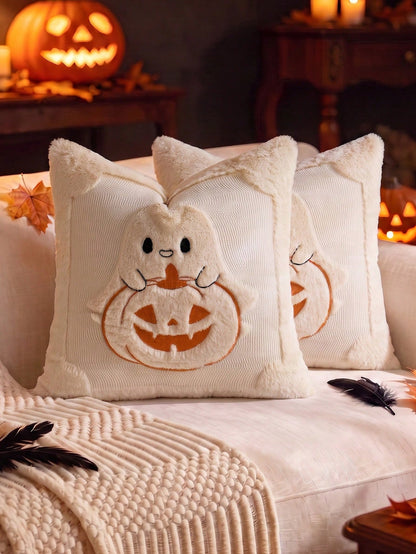 1/2pcs Pink Halloween Cute Ghost & Pumpkin Decorative Pillow Case, Front Quilted Ghost & Pumpkin, Back Dutch Velvet Fabric, Square Cushion Cover, Holiday Home Decor Pillowcase, Soft Comfortable Velvet