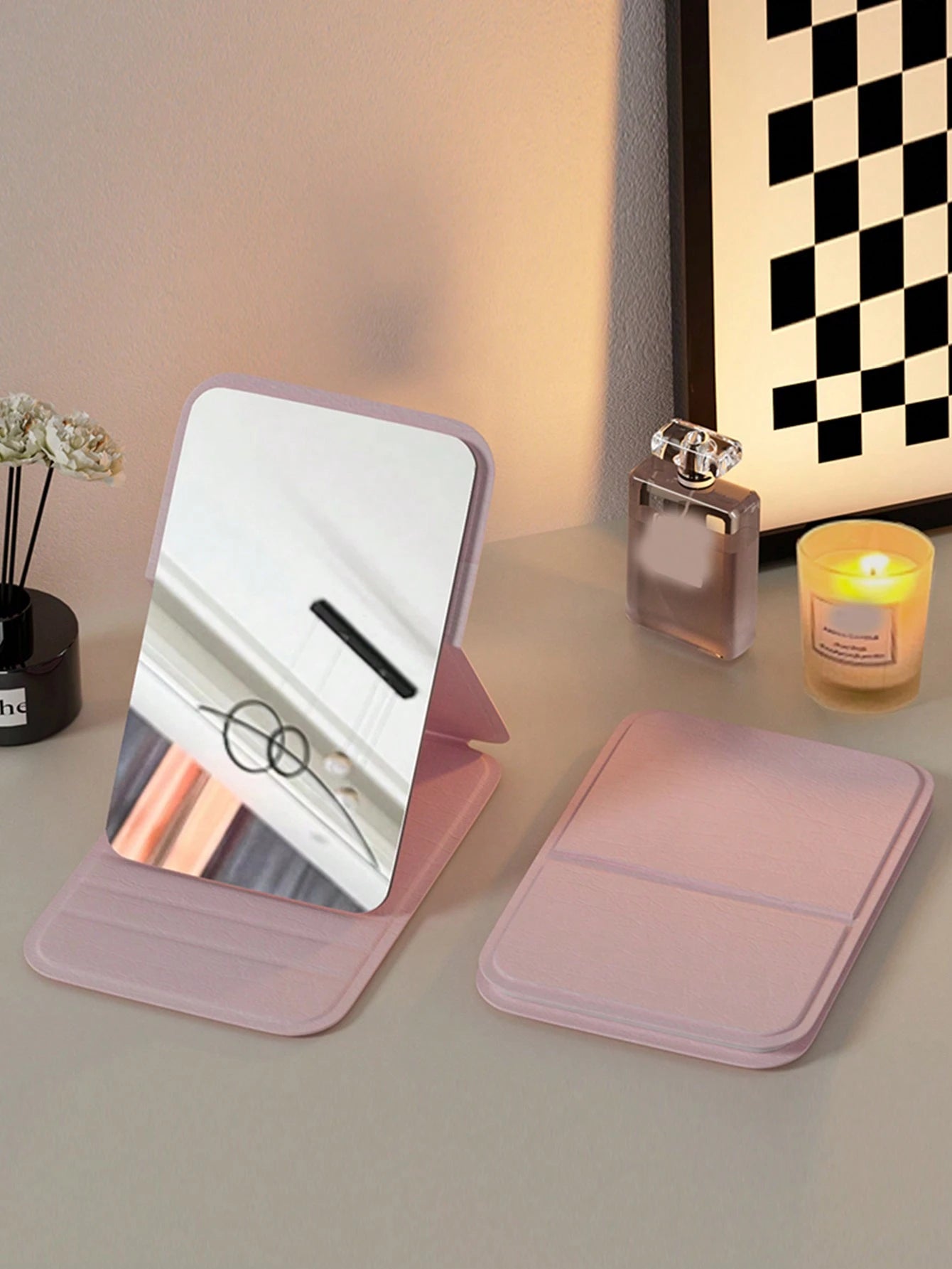 1/2pcs Portable Makeup Mirror, Solid Color PU Leather Foldable Pocket Mirror For Travel, Home Decor And School Supplies