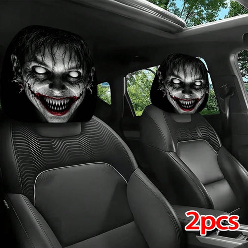 1/2pcs Printed Car Headrest Covers, Interior Decoration With Elastic Design And Universal Fit Installation, Ideal Choice For Interior Additions, Perfect Funny Car Decoration Featuring Scary Zombie Fac