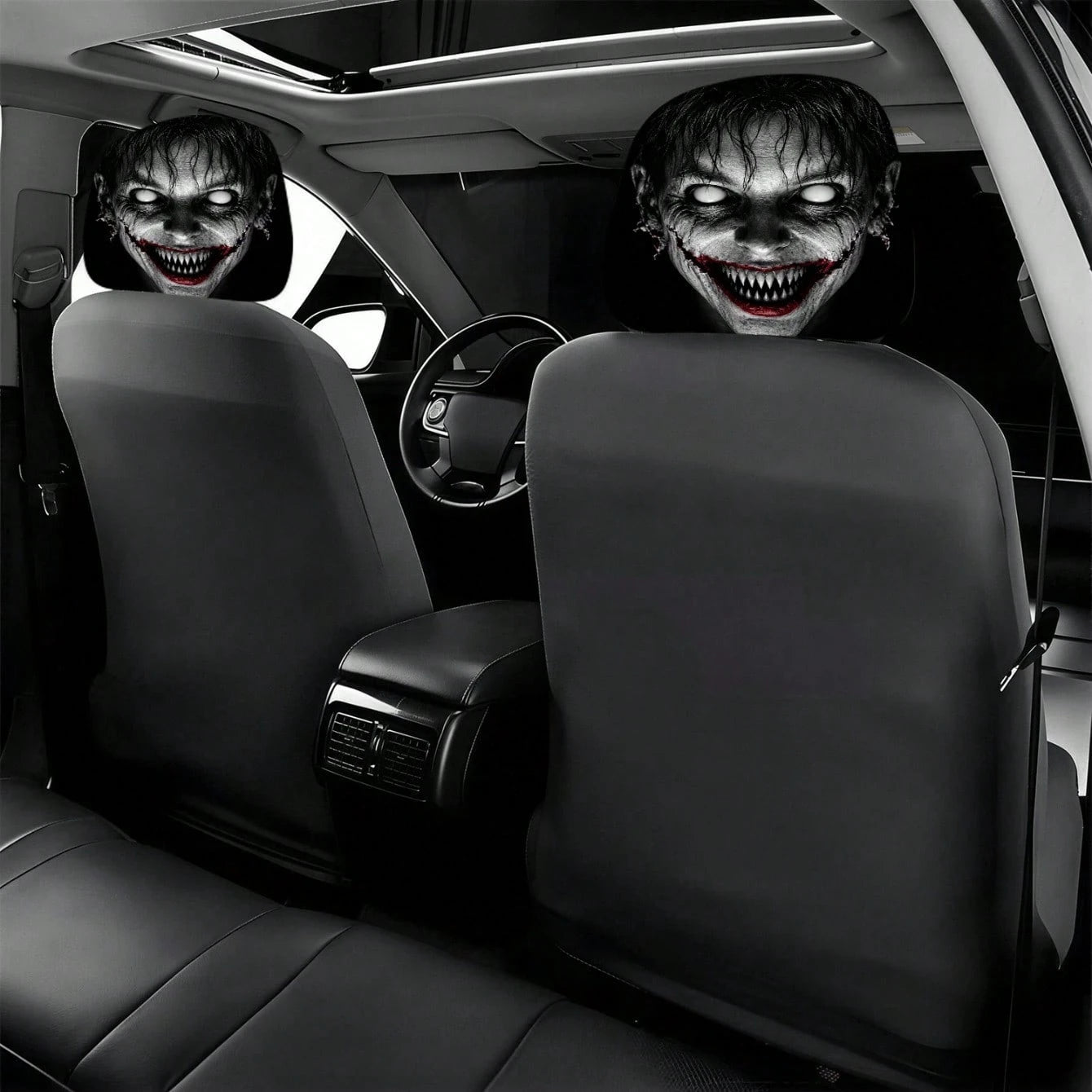 1/2pcs Printed Car Headrest Covers, Interior Decoration With Elastic Design And Universal Fit Installation, Ideal Choice For Interior Additions, Perfect Funny Car Decoration Featuring Scary Zombie Fac