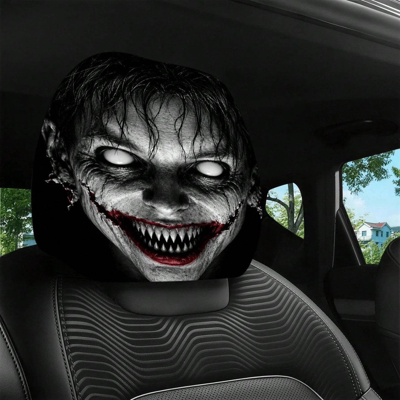 1/2pcs Printed Car Headrest Covers, Interior Decoration With Elastic Design And Universal Fit Installation, Ideal Choice For Interior Additions, Perfect Funny Car Decoration Featuring Scary Zombie Fac