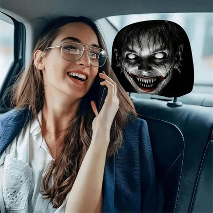 1/2pcs Printed Car Headrest Covers, Interior Decoration With Elastic Design And Universal Fit Installation, Ideal Choice For Interior Additions, Perfect Funny Car Decoration Featuring Scary Zombie Fac
