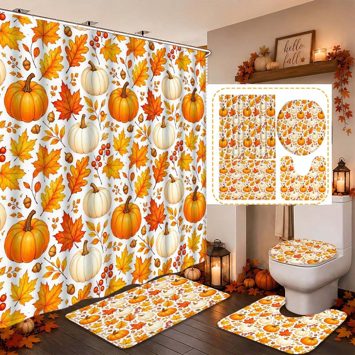 1/3/4pcs Autumn Pumpkin & Maple Leaf Shower Curtain Set, Polyester Bathroom Set, Bathroom Accessories, Bathroom Anti-Slip Mat, Bathroom Window Curtain Shower Set, Home Decor, Bathroom Decor, Harvest F