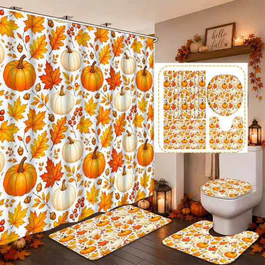 1/3/4pcs Autumn Pumpkin & Maple Leaf Shower Curtain Set, Polyester Bathroom Set, Bathroom Accessories, Bathroom Anti-Slip Mat, Bathroom Window Curtain Shower Set, Home Decor, Bathroom Decor, Harvest F