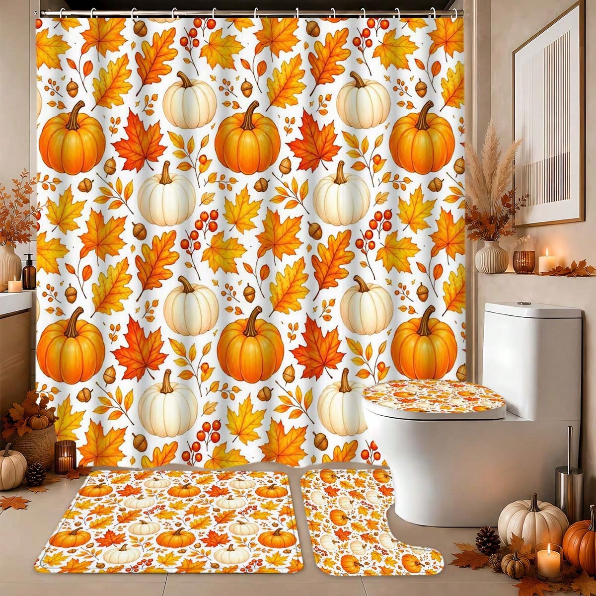 1/3/4pcs Autumn Pumpkin & Maple Leaf Shower Curtain Set, Polyester Bathroom Set, Bathroom Accessories, Bathroom Anti-Slip Mat, Bathroom Window Curtain Shower Set, Home Decor, Bathroom Decor, Harvest F