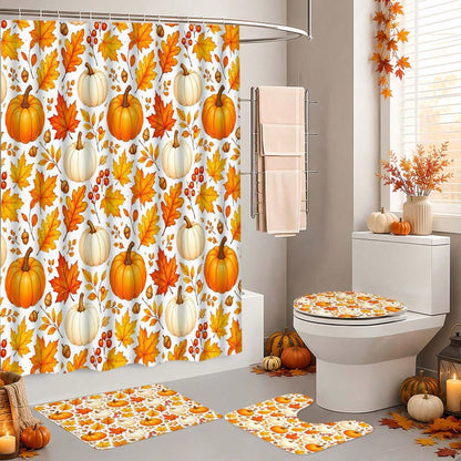 1/3/4pcs Autumn Pumpkin & Maple Leaf Shower Curtain Set, Polyester Bathroom Set, Bathroom Accessories, Bathroom Anti-Slip Mat, Bathroom Window Curtain Shower Set, Home Decor, Bathroom Decor, Harvest F