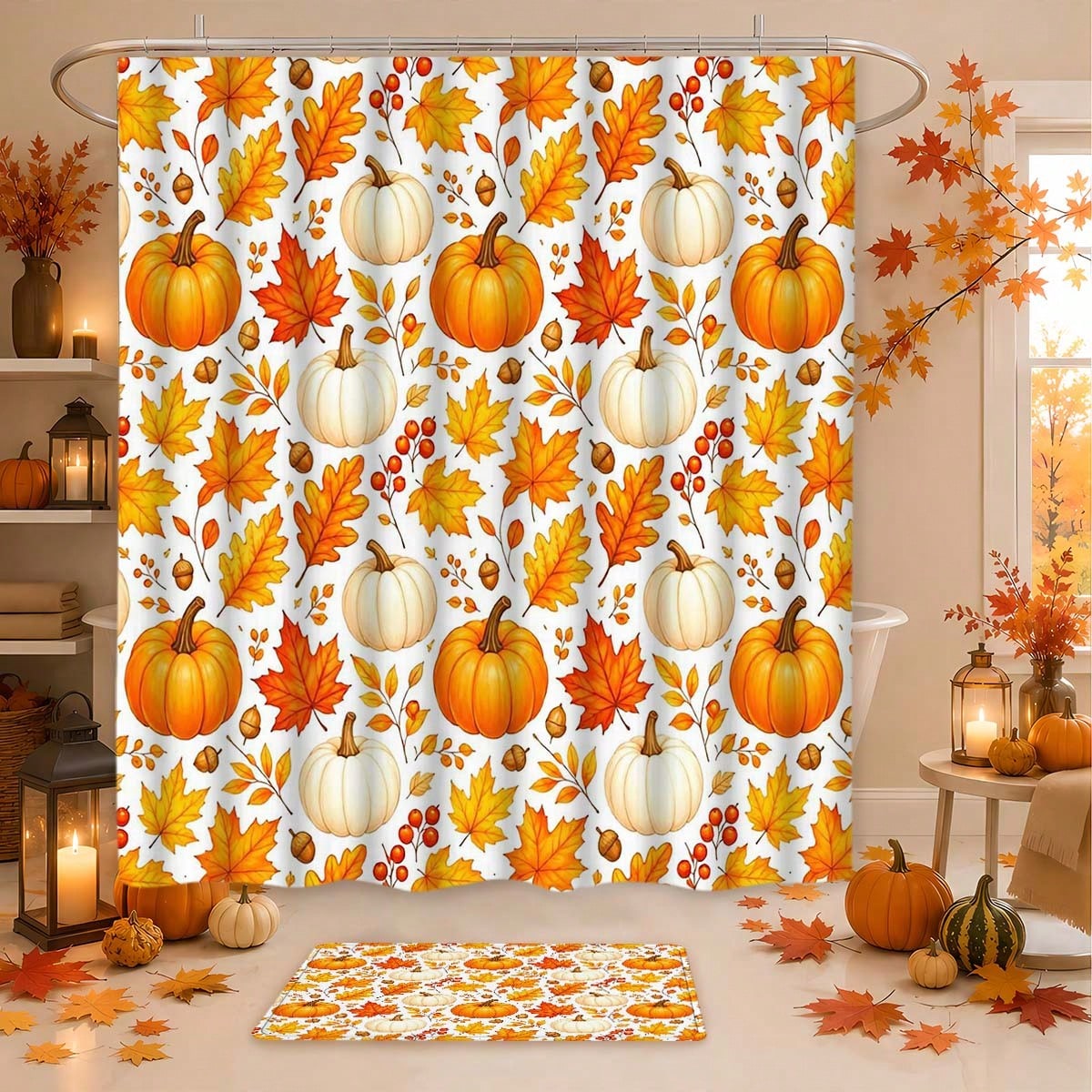 1/3/4pcs Autumn Pumpkin & Maple Leaf Shower Curtain Set, Polyester Bathroom Set, Bathroom Accessories, Bathroom Anti-Slip Mat, Bathroom Window Curtain Shower Set, Home Decor, Bathroom Decor, Harvest F
