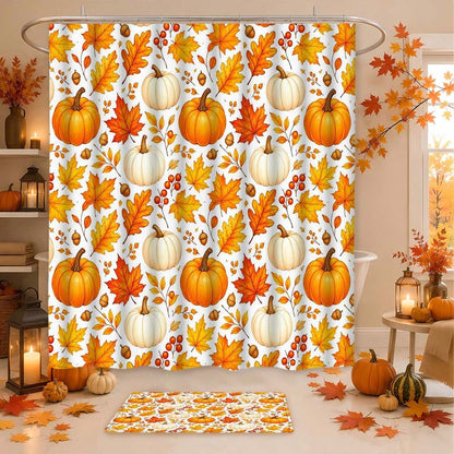 1/3/4pcs Autumn Pumpkin & Maple Leaf Shower Curtain Set, Polyester Bathroom Set, Bathroom Accessories, Bathroom Anti-Slip Mat, Bathroom Window Curtain Shower Set, Home Decor, Bathroom Decor, Harvest F