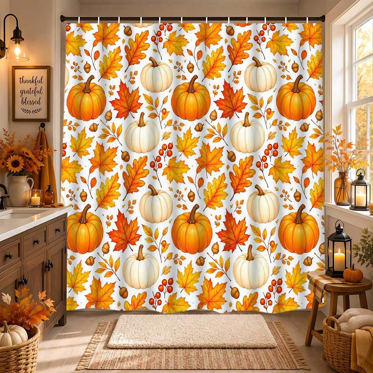 1/3/4pcs Autumn Pumpkin & Maple Leaf Shower Curtain Set, Polyester Bathroom Set, Bathroom Accessories, Bathroom Anti-Slip Mat, Bathroom Window Curtain Shower Set, Home Decor, Bathroom Decor, Harvest F