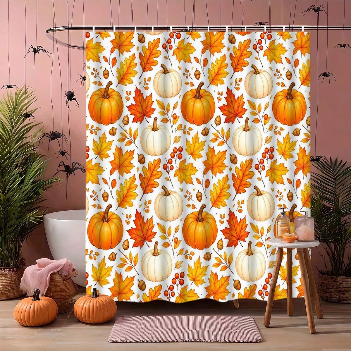 1/3/4pcs Autumn Pumpkin & Maple Leaf Shower Curtain Set, Polyester Bathroom Set, Bathroom Accessories, Bathroom Anti-Slip Mat, Bathroom Window Curtain Shower Set, Home Decor, Bathroom Decor, Harvest F