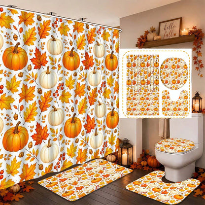 1/3/4pcs Autumn Pumpkin & Maple Leaf Shower Curtain Set, Polyester Bathroom Set, Bathroom Accessories, Bathroom Anti-Slip Mat, Bathroom Window Curtain Shower Set, Home Decor, Bathroom Decor, Harvest F