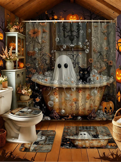 1/3/4pcs Halloween Ghost Cat Flower Shower Curtain Set For Bathroom,Vintage Bathroom Set,Bathroom Accesssories With 12 Hooks,Non-Slip Rug,Toilet Lid Cover U-Shaped Mat.Waterproof Polyester,Fits Home/B