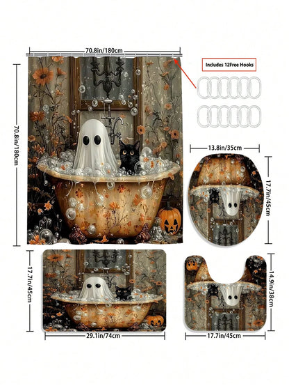 1/3/4pcs Halloween Ghost Cat Flower Shower Curtain Set For Bathroom,Vintage Bathroom Set,Bathroom Accesssories With 12 Hooks,Non-Slip Rug,Toilet Lid Cover U-Shaped Mat.Waterproof Polyester,Fits Home/B