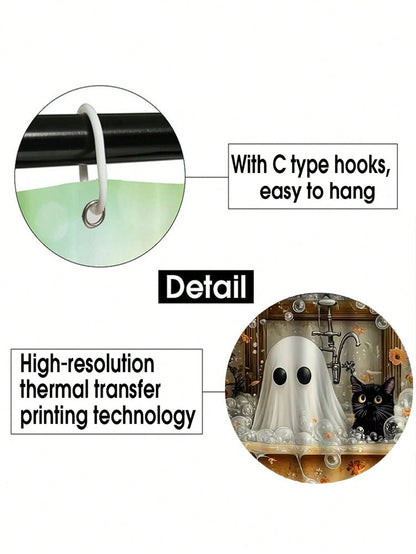 1/3/4pcs Halloween Ghost Cat Flower Shower Curtain Set For Bathroom,Vintage Bathroom Set,Bathroom Accesssories With 12 Hooks,Non-Slip Rug,Toilet Lid Cover U-Shaped Mat.Waterproof Polyester,Fits Home/B