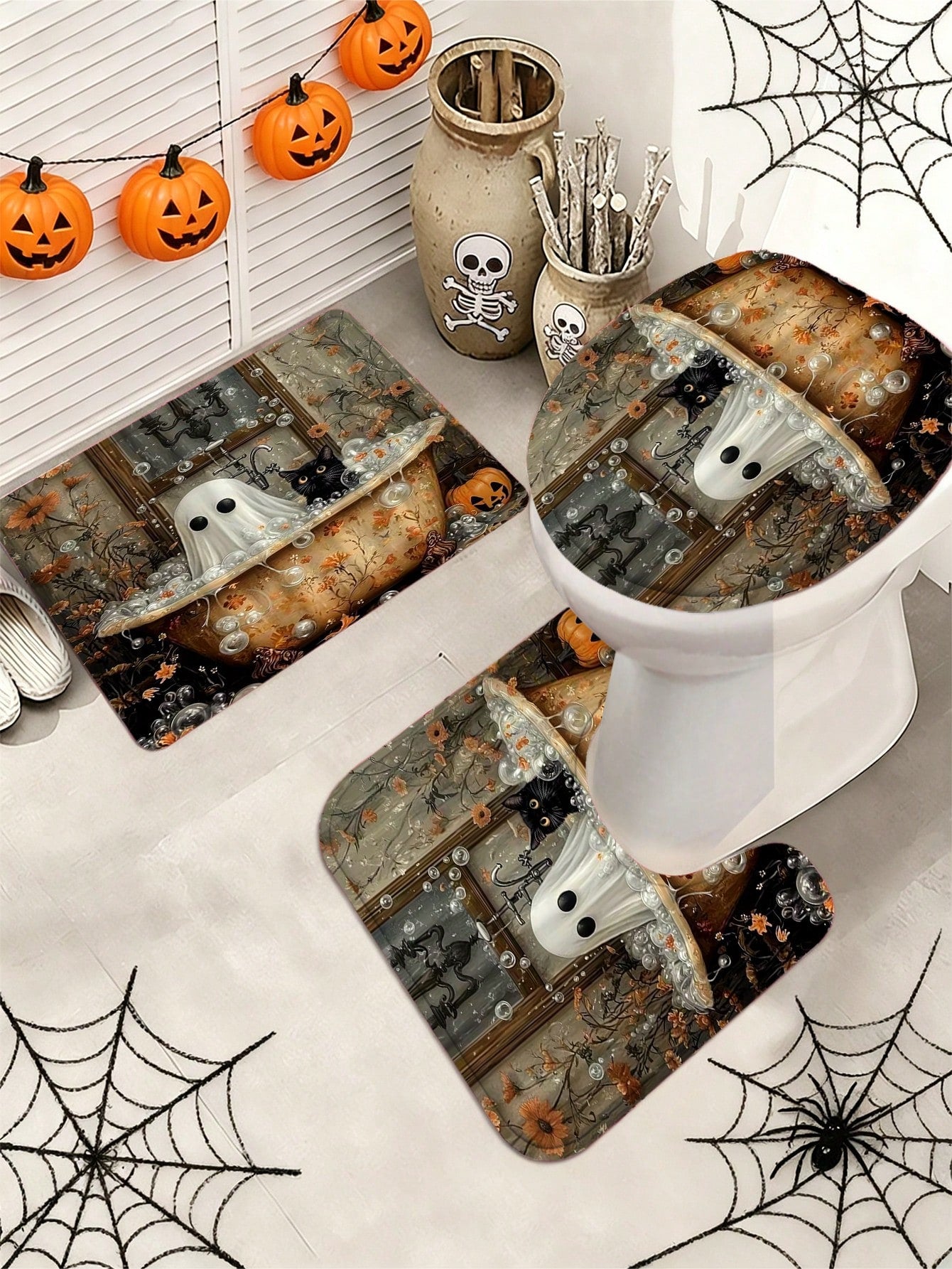 1/3/4pcs Halloween Ghost Cat Flower Shower Curtain Set For Bathroom,Vintage Bathroom Set,Bathroom Accesssories With 12 Hooks,Non-Slip Rug,Toilet Lid Cover U-Shaped Mat.Waterproof Polyester,Fits Home/B