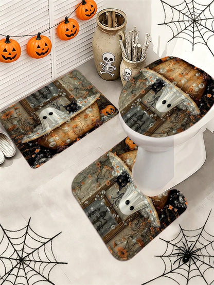 1/3/4pcs Halloween Ghost Cat Flower Shower Curtain Set For Bathroom,Vintage Bathroom Set,Bathroom Accesssories With 12 Hooks,Non-Slip Rug,Toilet Lid Cover U-Shaped Mat.Waterproof Polyester,Fits Home/B