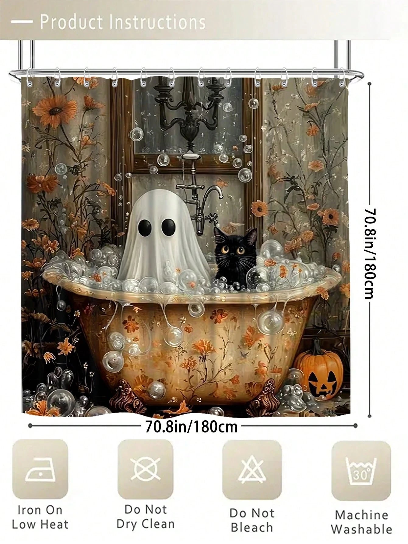 1/3/4pcs Halloween Ghost Cat Flower Shower Curtain Set For Bathroom,Vintage Bathroom Set,Bathroom Accesssories With 12 Hooks,Non-Slip Rug,Toilet Lid Cover U-Shaped Mat.Waterproof Polyester,Fits Home/B