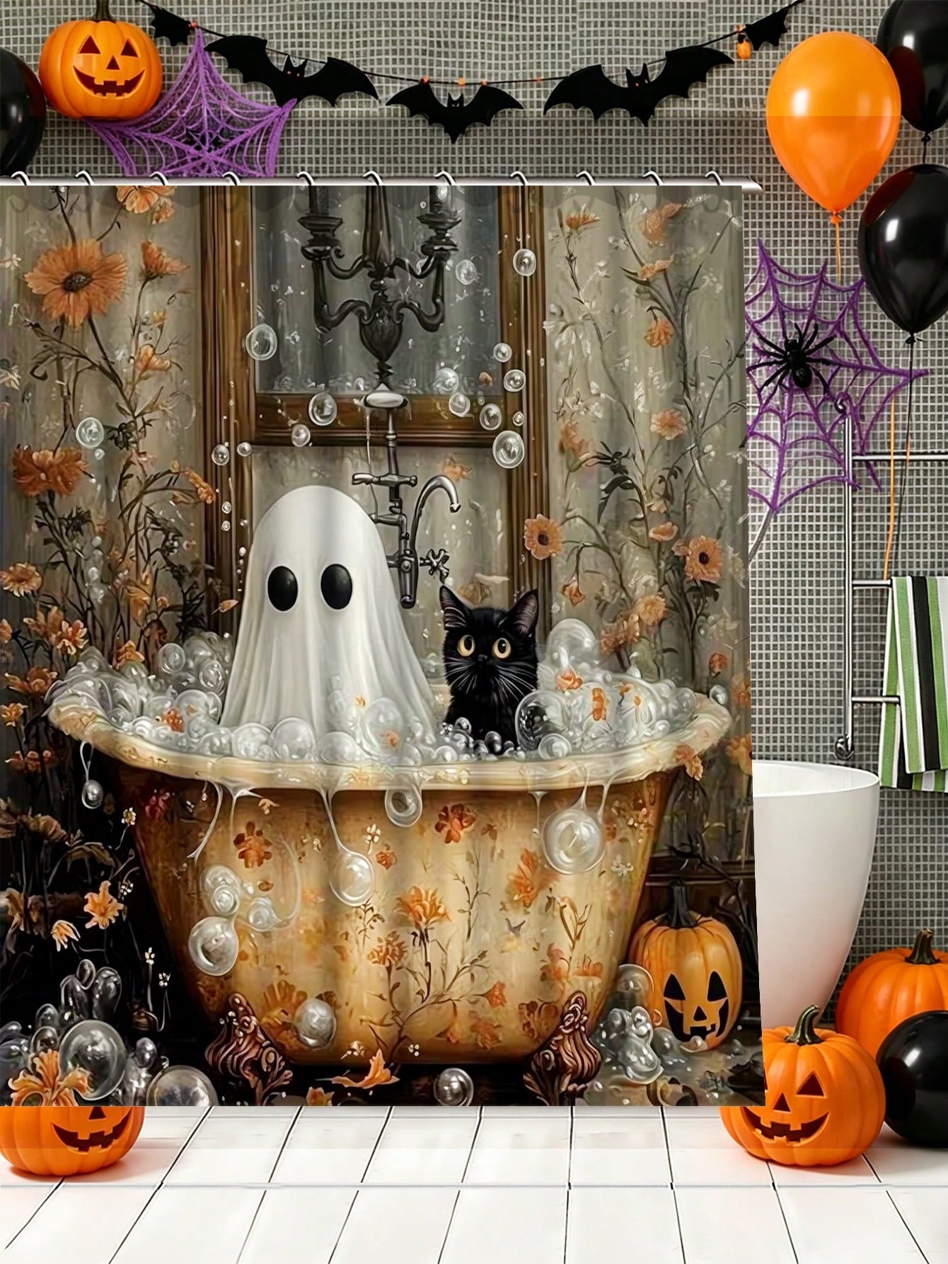 1/3/4pcs Halloween Ghost Cat Flower Shower Curtain Set For Bathroom,Vintage Bathroom Set,Bathroom Accesssories With 12 Hooks,Non-Slip Rug,Toilet Lid Cover U-Shaped Mat.Waterproof Polyester,Fits Home/B