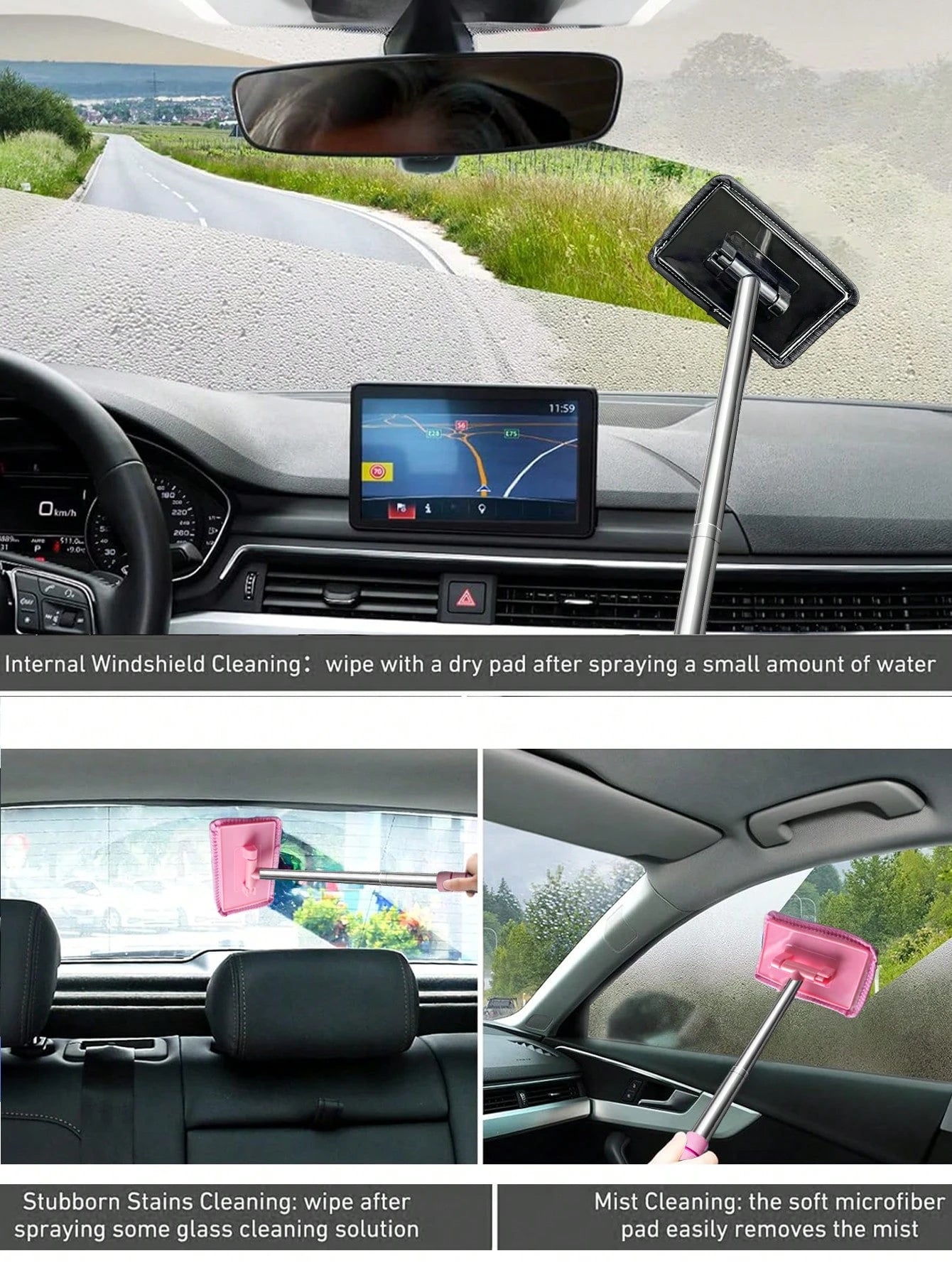 1/3/5pcs Microfiber Cloth Windshield Cleaning Tool Kit- Detachable Handle Car Glass Cleaner Brush, Car Glass Scraper, Interior Accessories, Car Cleaning Set, Car Glass Cleaner, Windshield Cleaner, Au