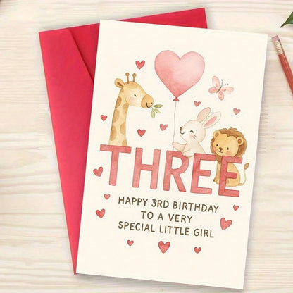 1/3 Pcs Cute Animal Birthday Card,Perfect For First Second Third Birthday|Family, Friends, Loved Ones, Envelope Greeting Card, Sweet Milestone Card