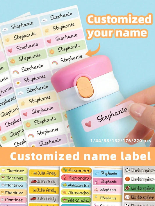1/44/88/132/176/220pcs Customized Name Stickers, Cartoon Fresh Cute Waterproof Stationery Labels, Back To School, Category Stickers, Number Labels, Personalized For Water Bottles, Lunch Boxes, Persona