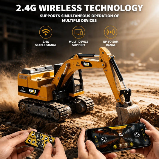 1:64 RC Excavator Toy- 2.4G Mini Alloy Construction Vehicle With Movable Arm, 270° Rotating Body, Alloy Bucket, Lights & Sounds| Yellow Remote Control Toy Car, Birthday Party Favors For Boys & Girls