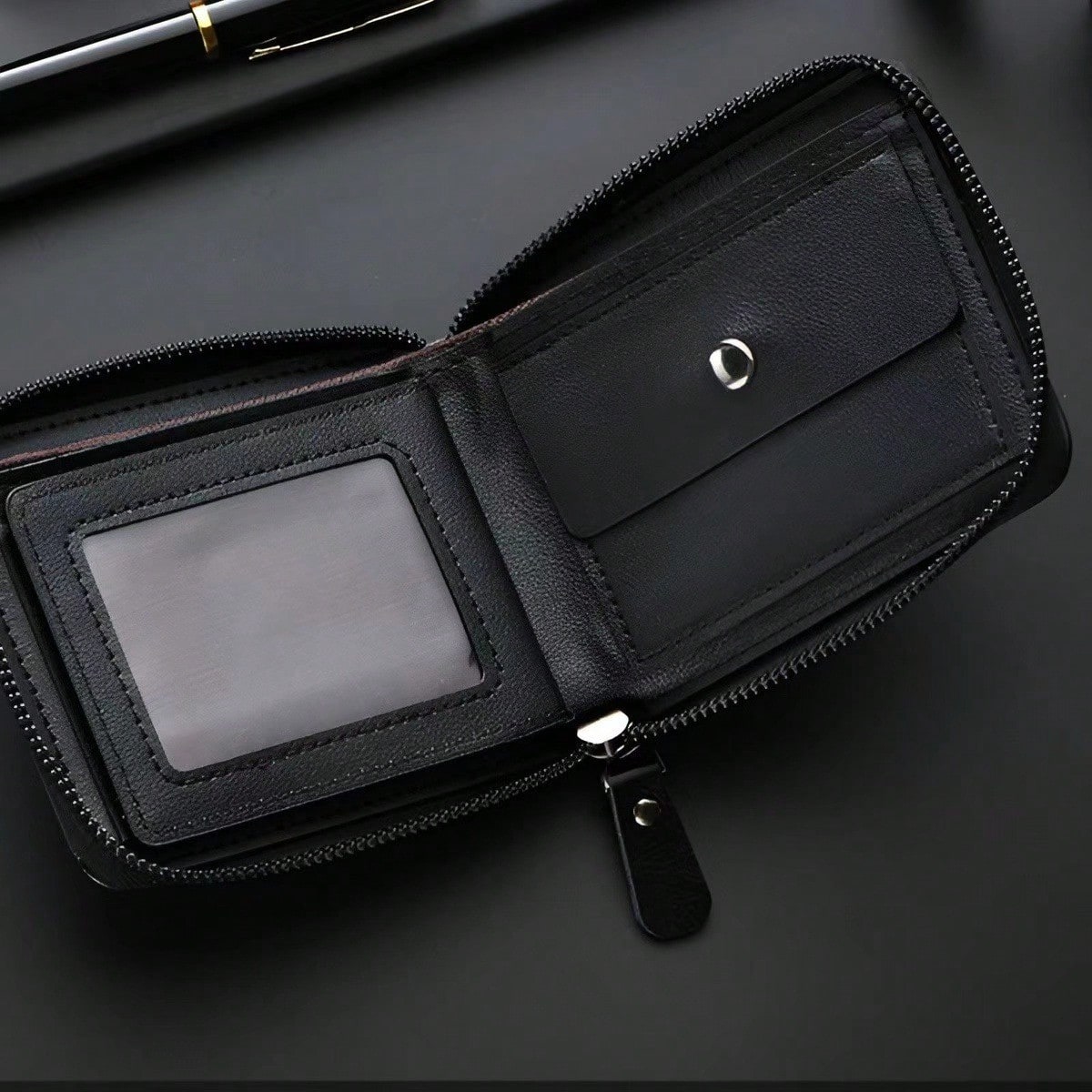 1 Men's Luxury PU Wallet| Black, Zipper Closure, Multiple Card Slots, Large Capacity, Stitching Design- Perfect Gift For Father, Husband, Brother