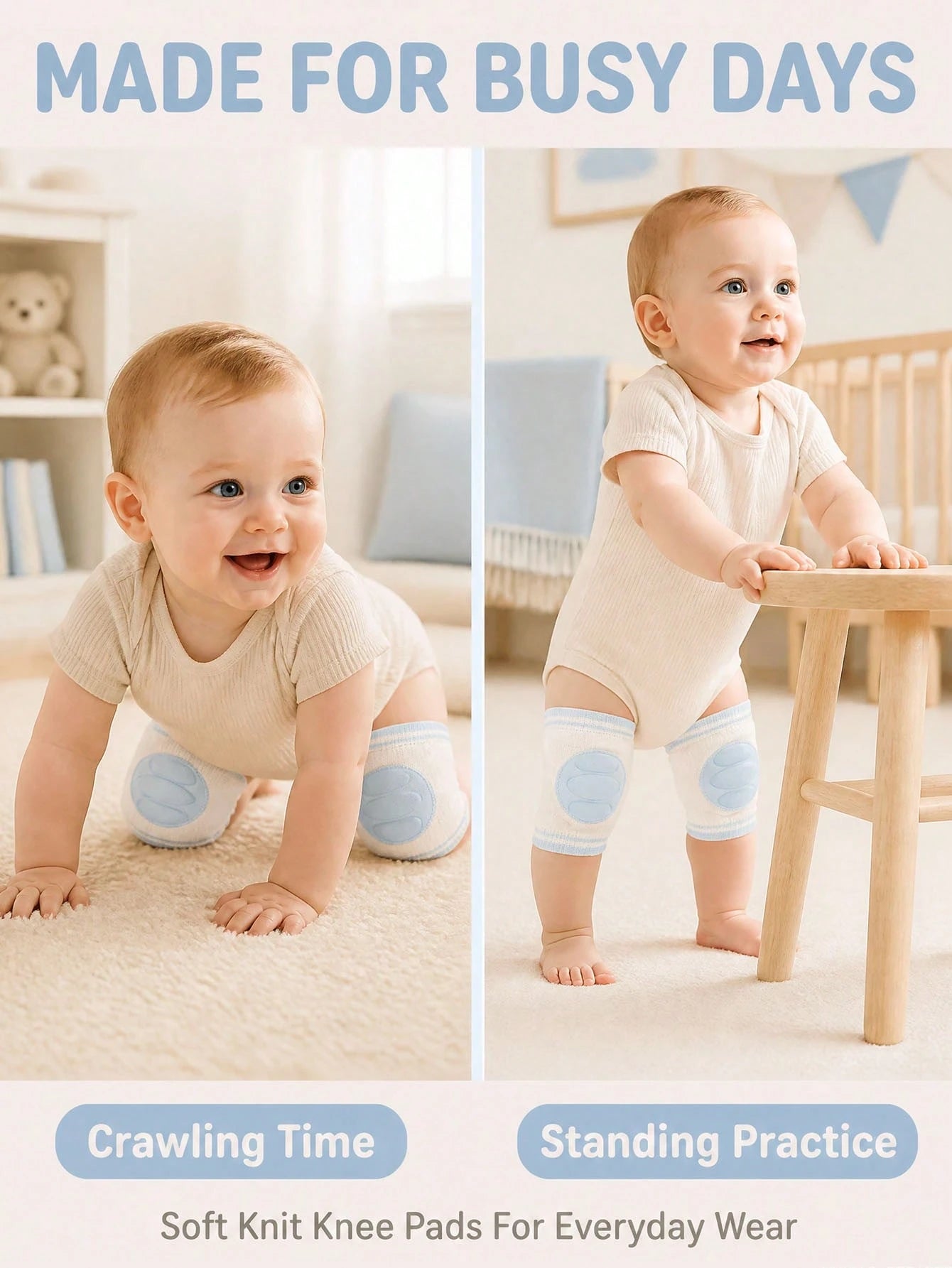 1 Pair Baby Crawling Knee Pads, Infant Toddler Walking Anti-Fall Knee Covers, Breathable Knitted Thickened Cushioning Pads, Elastic Striped Non-Slip Baby Leg Protectors