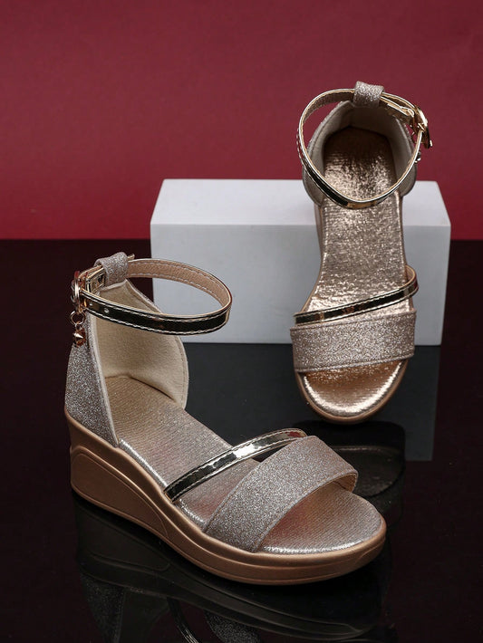 1 Pair Girls' Gold High Heel Sandals, Shiny & Soft PU Fabric, Back Strap Metal Buckle Design, Round Toe, Lightweight & Flexible Thick-Sole, Fashion Princess Style, Suitable For Daily Occasions & Parti