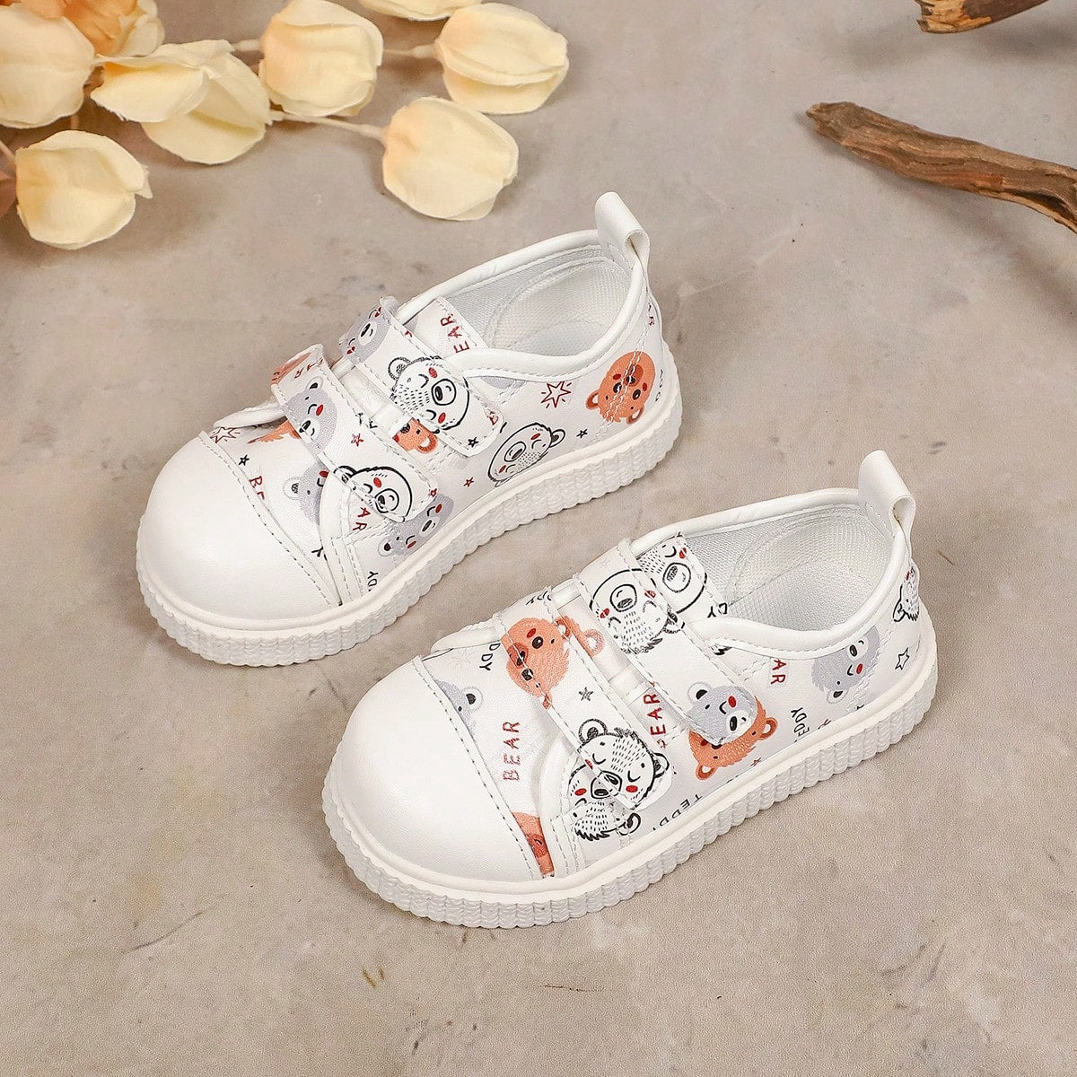 1 Pair Toddler Kids Cute Bear Print Casual Sports Shoes, Unisex, Premium PU, Double Hook And Loop, Breathable, Lightweight, Closed Toe Design, Walking Shoes For Boys And Girls, Suitable For All Season