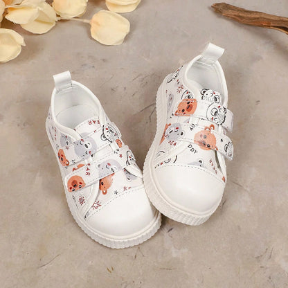 1 Pair Toddler Kids Cute Bear Print Casual Sports Shoes, Unisex, Premium PU, Double Hook And Loop, Breathable, Lightweight, Closed Toe Design, Walking Shoes For Boys And Girls, Suitable For All Season