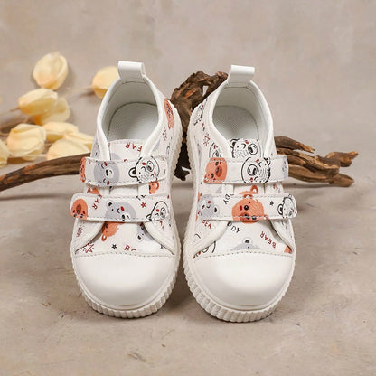 1 Pair Toddler Kids Cute Bear Print Casual Sports Shoes, Unisex, Premium PU, Double Hook And Loop, Breathable, Lightweight, Closed Toe Design, Walking Shoes For Boys And Girls, Suitable For All Season