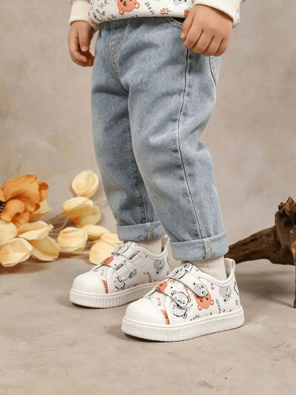 1 Pair Toddler Kids Cute Bear Print Casual Sports Shoes, Unisex, Premium PU, Double Hook And Loop, Breathable, Lightweight, Closed Toe Design, Walking Shoes For Boys And Girls, Suitable For All Season