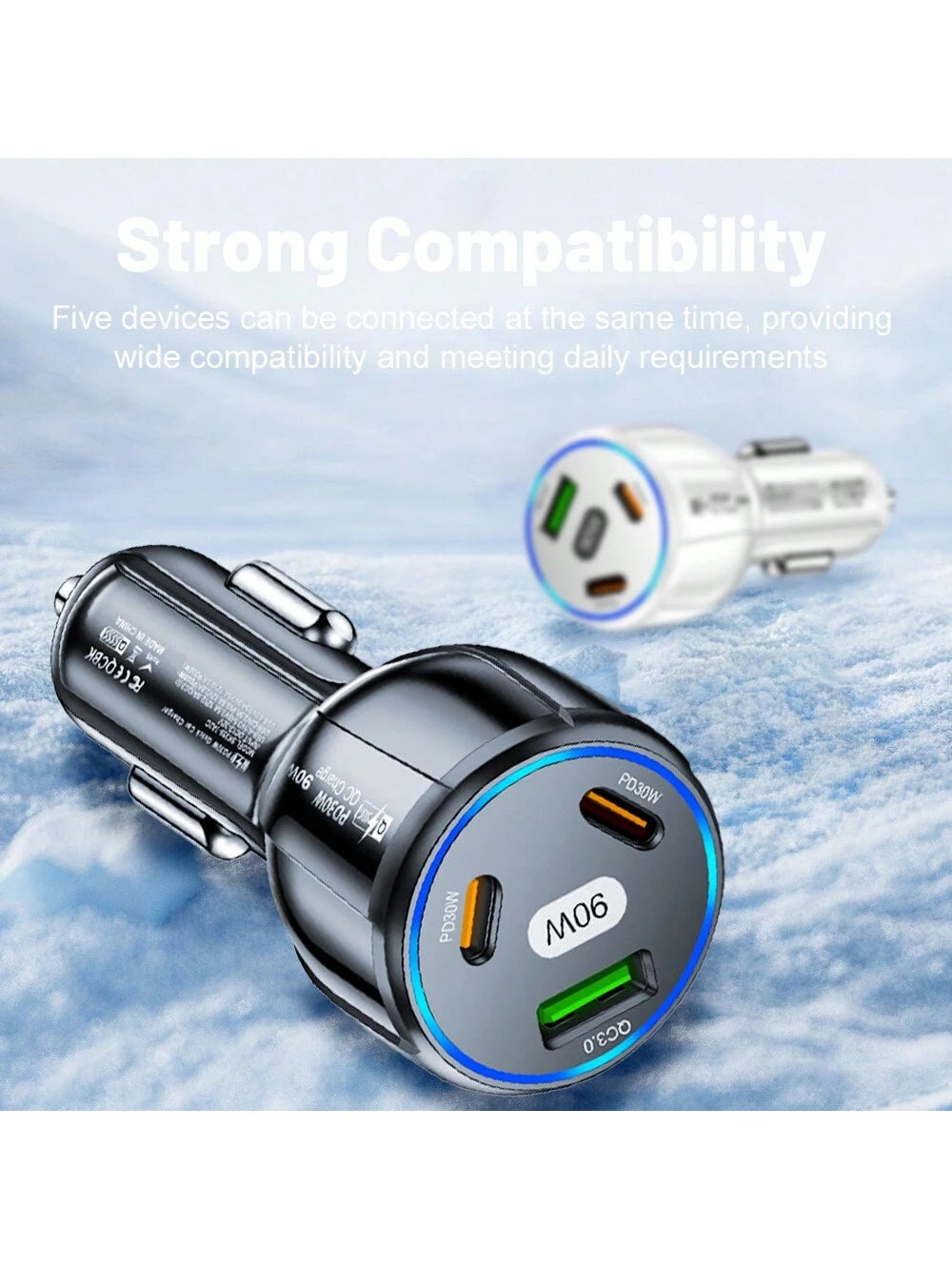 1 Pc Total 90W Multi Port USB 2PD Type C Car Charger PD Phone Charger Quick 3.0 Fast Charging Power Adapter Compatible With IPhone Compatible With IPhone, Compatible With IPad, Android Phone, Laptops