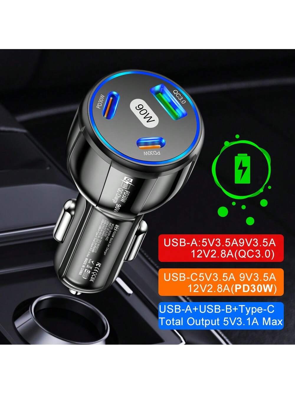 1 Pc Total 90W Multi Port USB 2PD Type C Car Charger PD Phone Charger Quick 3.0 Fast Charging Power Adapter Compatible With IPhone Compatible With IPhone, Compatible With IPad, Android Phone, Laptops