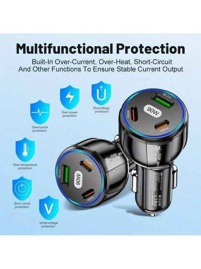 1 Pc Total 90W Multi Port USB 2PD Type C Car Charger PD Phone Charger Quick 3.0 Fast Charging Power Adapter Compatible With IPhone Compatible With IPhone, Compatible With IPad, Android Phone, Laptops