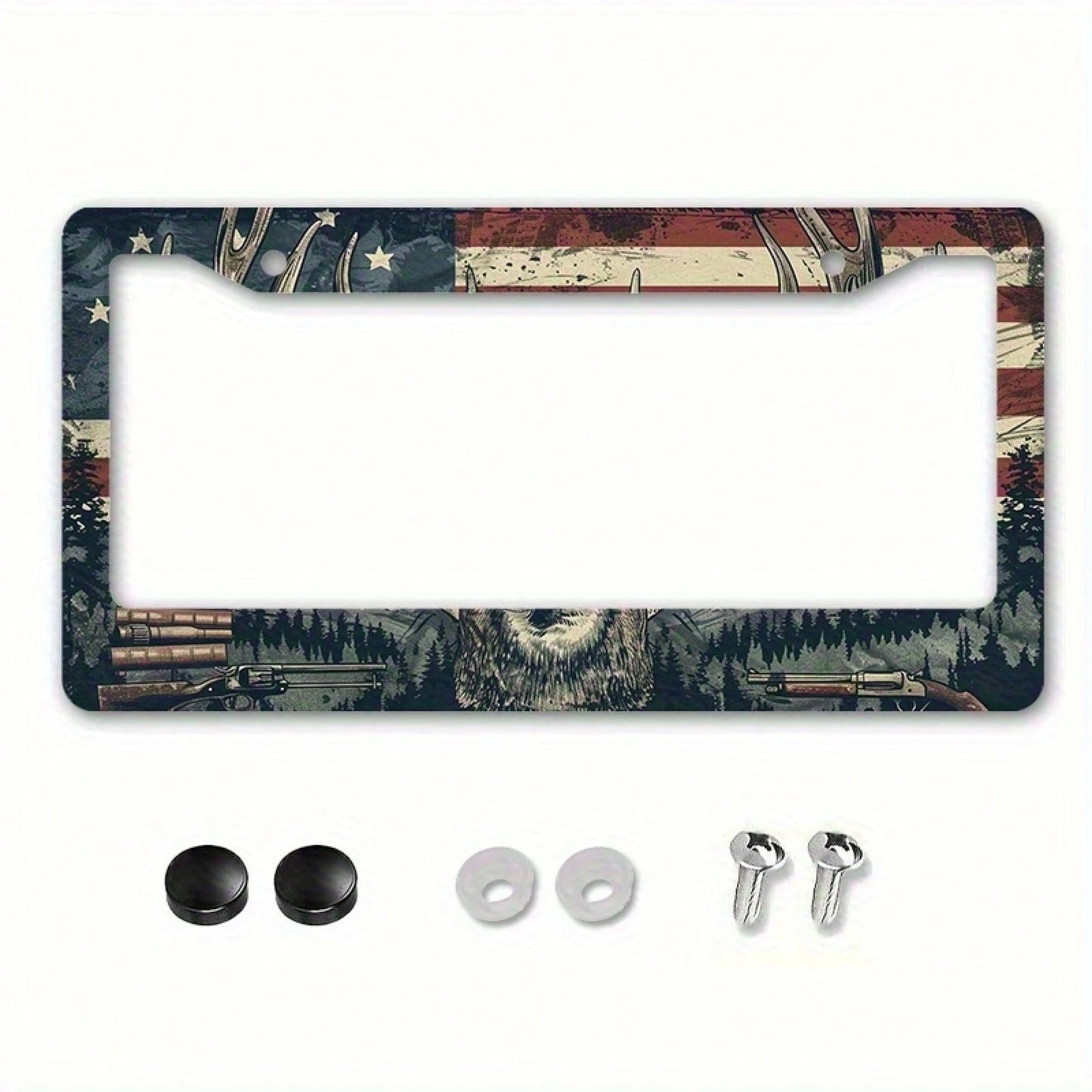 1 Piece Of 6.3 X 12.2 Inches (16 X 31 Cm) Metal License Plate Frame With Deer And American Flag, Front License Plate Cover, Car Decoration, Car Plate, For Decoration Only.