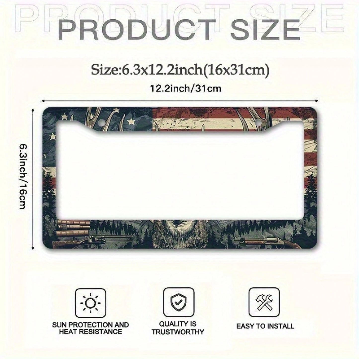 1 Piece Of 6.3 X 12.2 Inches (16 X 31 Cm) Metal License Plate Frame With Deer And American Flag, Front License Plate Cover, Car Decoration, Car Plate, For Decoration Only.