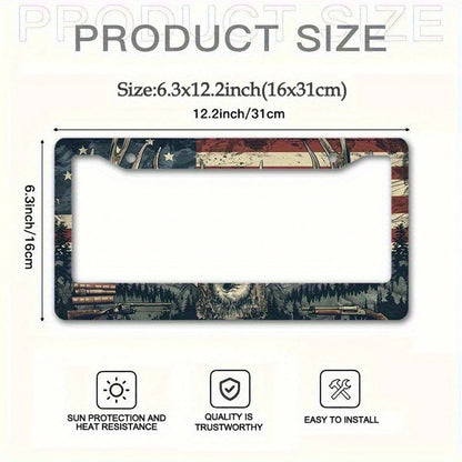 1 Piece Of 6.3 X 12.2 Inches (16 X 31 Cm) Metal License Plate Frame With Deer And American Flag, Front License Plate Cover, Car Decoration, Car Plate, For Decoration Only.
