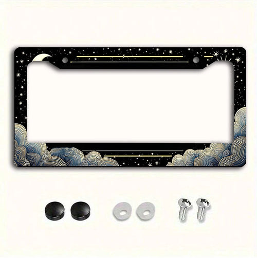 1 Piece Retro Sun, Moon And Stars Aluminum License Plate Frame- A Sun, Moon And Stars Themed Car License Plate Frame Featuring A Vibrant Design And Weather-Resistant Metal Construction, Suitable For