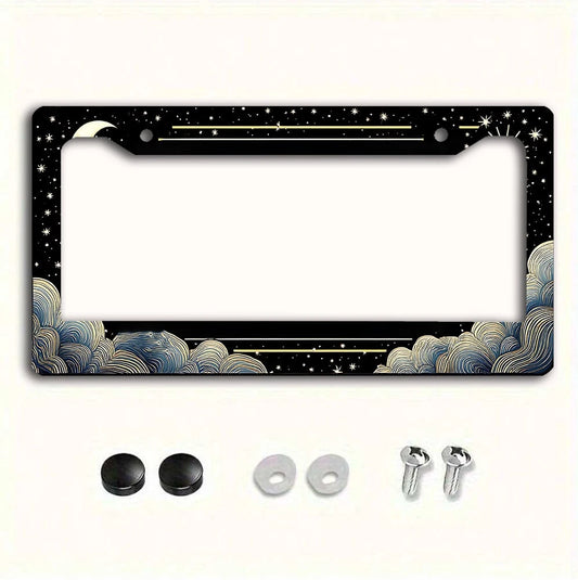 1 Piece Retro Sun, Moon And Stars Aluminum License Plate Frame- A Sun, Moon And Stars Themed Car License Plate Frame Featuring A Vibrant Design And Weather-Resistant Metal Construction, Suitable For
