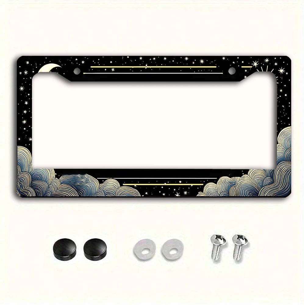 1 Piece Retro Sun, Moon And Stars Aluminum License Plate Frame- A Sun, Moon And Stars Themed Car License Plate Frame Featuring A Vibrant Design And Weather-Resistant Metal Construction, Suitable For