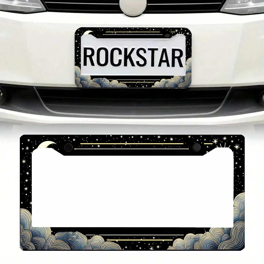 1 Piece Retro Sun, Moon And Stars Aluminum License Plate Frame- A Sun, Moon And Stars Themed Car License Plate Frame Featuring A Vibrant Design And Weather-Resistant Metal Construction, Suitable For
