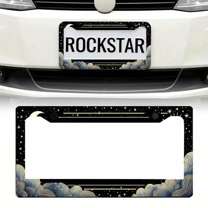 1 Piece Retro Sun, Moon And Stars Aluminum License Plate Frame- A Sun, Moon And Stars Themed Car License Plate Frame Featuring A Vibrant Design And Weather-Resistant Metal Construction, Suitable For