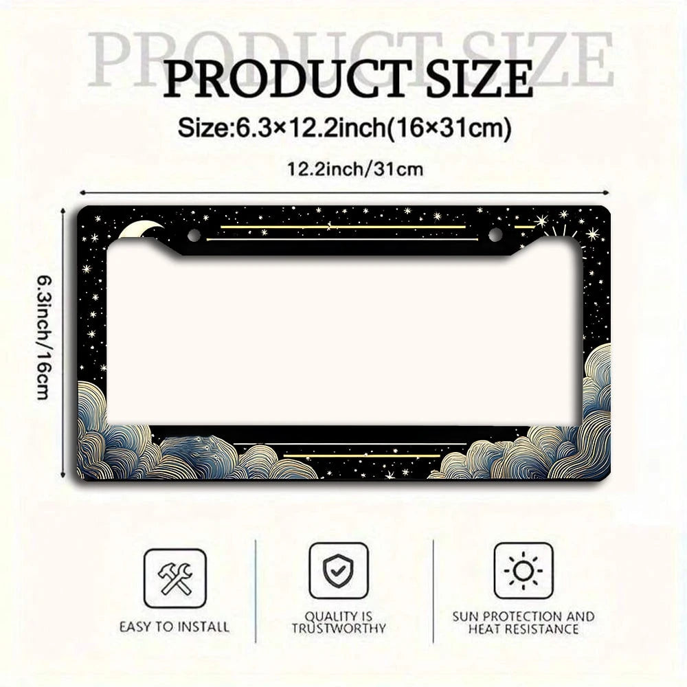 1 Piece Retro Sun, Moon And Stars Aluminum License Plate Frame- A Sun, Moon And Stars Themed Car License Plate Frame Featuring A Vibrant Design And Weather-Resistant Metal Construction, Suitable For