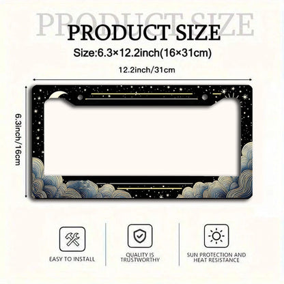 1 Piece Retro Sun, Moon And Stars Aluminum License Plate Frame- A Sun, Moon And Stars Themed Car License Plate Frame Featuring A Vibrant Design And Weather-Resistant Metal Construction, Suitable For