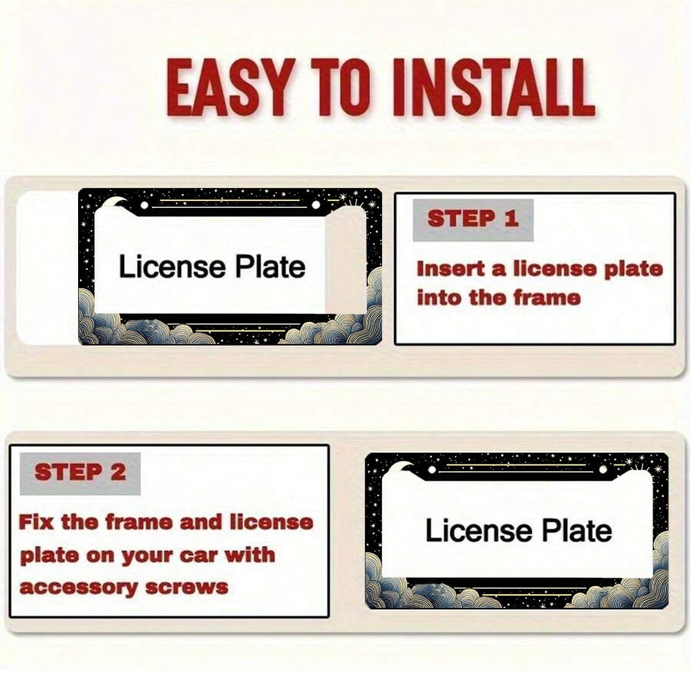1 Piece Retro Sun, Moon And Stars Aluminum License Plate Frame- A Sun, Moon And Stars Themed Car License Plate Frame Featuring A Vibrant Design And Weather-Resistant Metal Construction, Suitable For