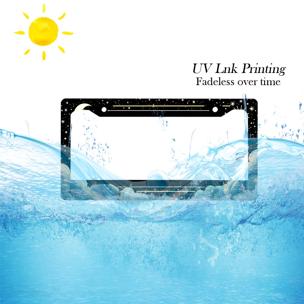 1 Piece Retro Sun, Moon And Stars Aluminum License Plate Frame- A Sun, Moon And Stars Themed Car License Plate Frame Featuring A Vibrant Design And Weather-Resistant Metal Construction, Suitable For