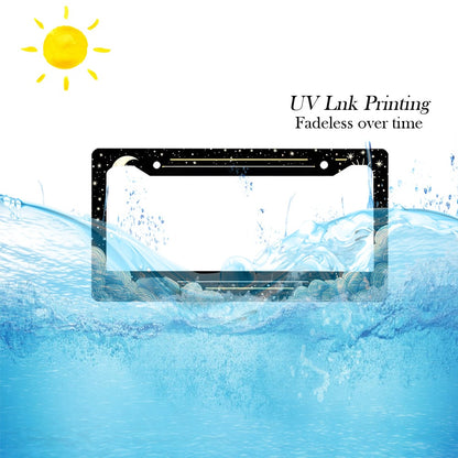 1 Piece Retro Sun, Moon And Stars Aluminum License Plate Frame- A Sun, Moon And Stars Themed Car License Plate Frame Featuring A Vibrant Design And Weather-Resistant Metal Construction, Suitable For