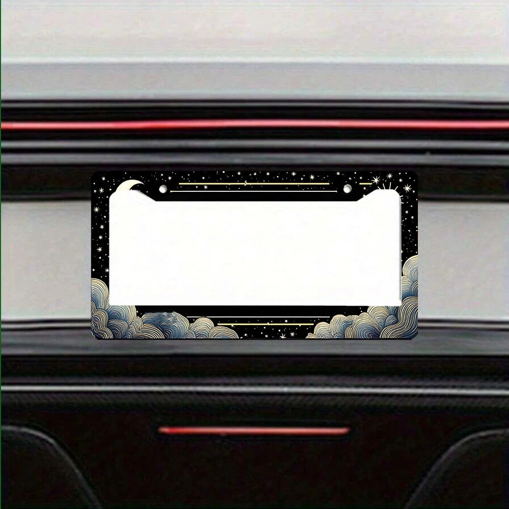 1 Piece Retro Sun, Moon And Stars Aluminum License Plate Frame- A Sun, Moon And Stars Themed Car License Plate Frame Featuring A Vibrant Design And Weather-Resistant Metal Construction, Suitable For